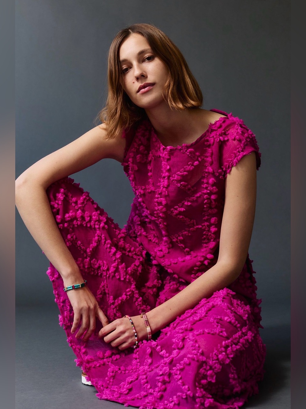 Anthropologie Blythe Textured Fuchsia Pink Pom Pom Tiered Dress XS (Oversized)